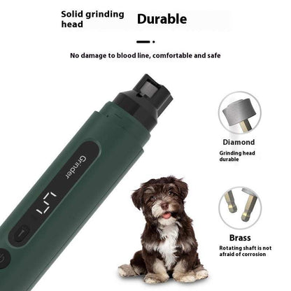 Electric dog nail grinder with LED light and USB charging cable for safe pet nail trimming