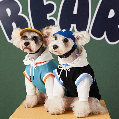 Dog Clothes Autumn Two dogs wearing autumn and winter stitched contrast color fake two-piece pet sweaters with caps, one in blue and white and the other in black and white
