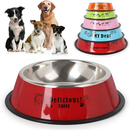 stainless steel dog bowl with colorful sizes and printed text, accompanied by four dogs sitting nearby