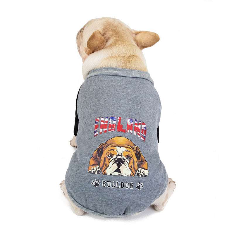 Pug Small And Medium Dog Small pug dog wearing grey cotton casual two-legged dog clothing with bulldog graphic design.