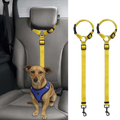 Yellow car backseat pet leash attached to dog harness for stability and safety