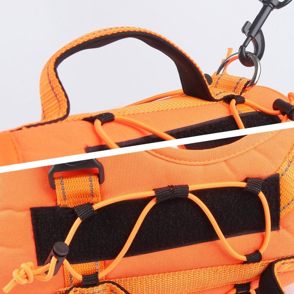 Doberman wearing orange pet hand holding rope harness for secure dog walking