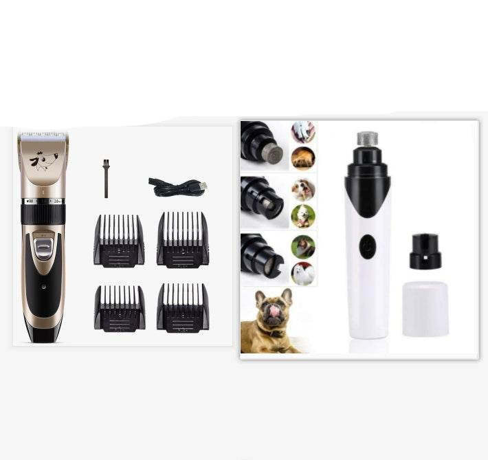 USB Rechargeable Electric Pet Clipper USB rechargeable electric pet clipper and trimmer set with gold and white designs, including multiple comb attachments and blades for pet grooming.