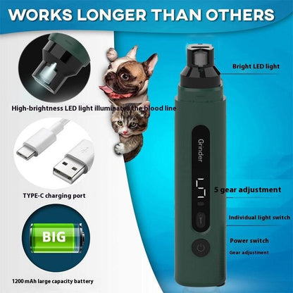 Electric dog nail grinder with LED light and USB charging cable for safe pet nail trimming