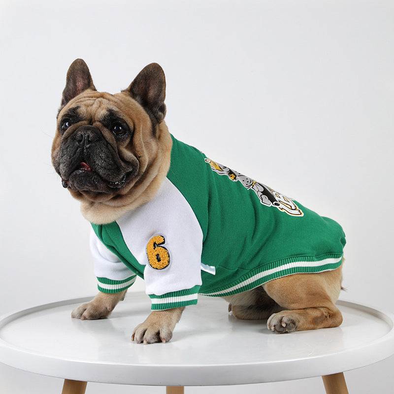 Fleece-lined Warm Baseball Shirt French Bulldog wearing a green and white fleece-lined warm baseball shirt pet clothes with number 6 on sleeve