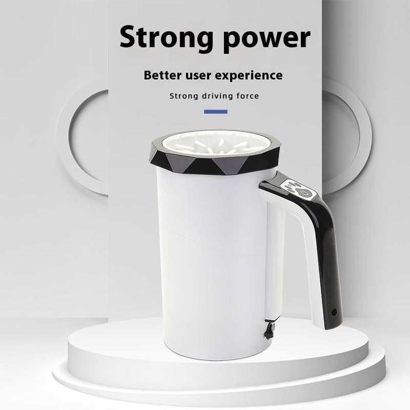 Pet automatic foot-washing machine with strong power, white body, black handle, and silicone bristles for dogs, USB rechargeable foot washing cup.