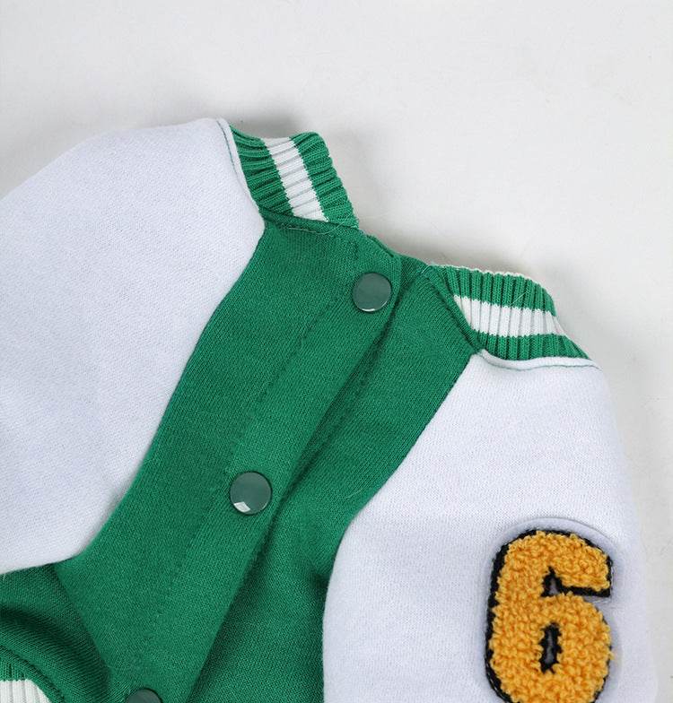 Fleece-lined Warm Baseball Shirt French Bulldog wearing a green and white fleece-lined warm baseball shirt pet clothes with number 6 on sleeve