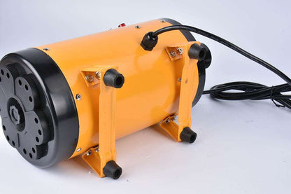 Pink metal dog hair dryer with black hose and four nozzle attachments on white background