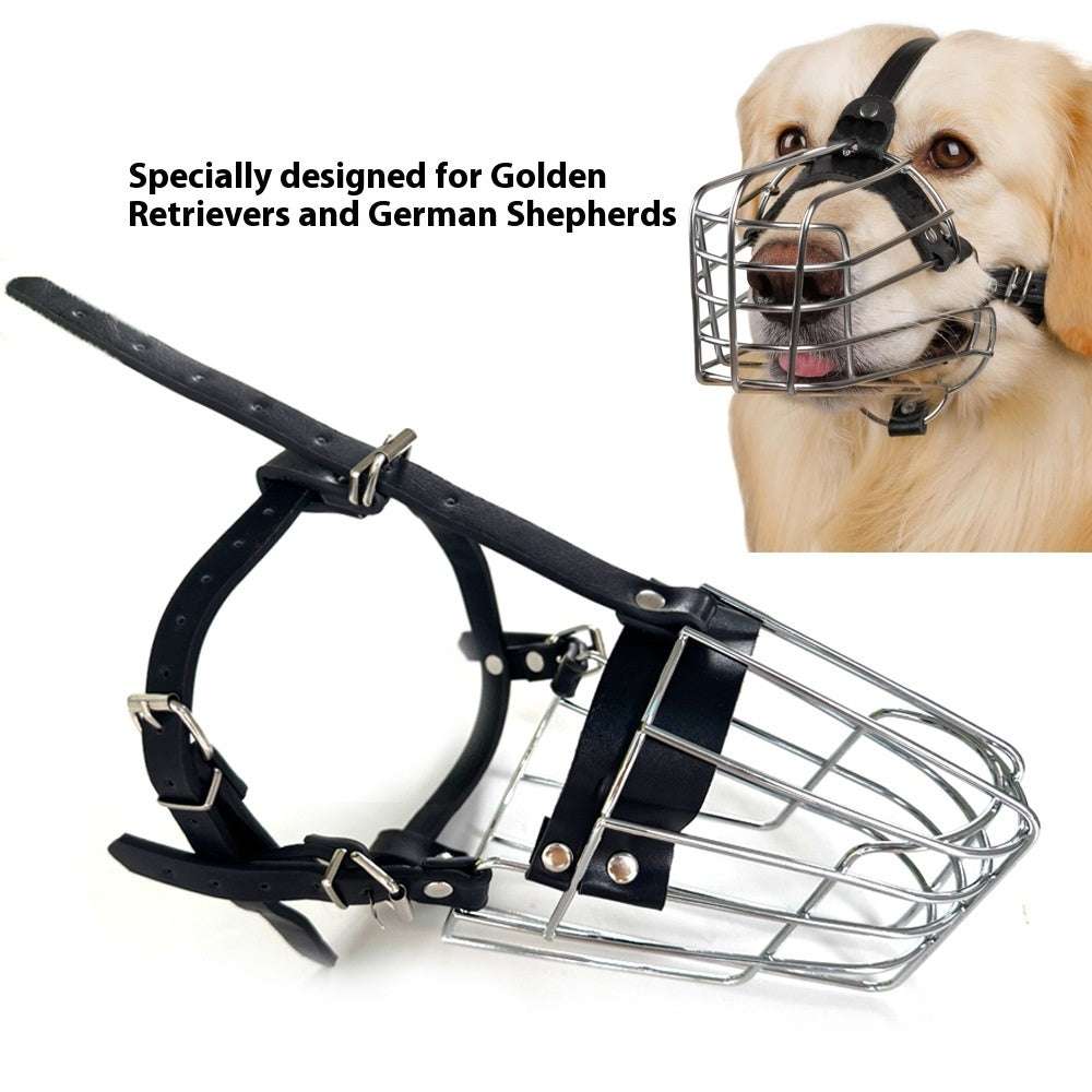 Black metal dog mouth cover muzzle designed for Golden Retriever and German Shepherd dogs