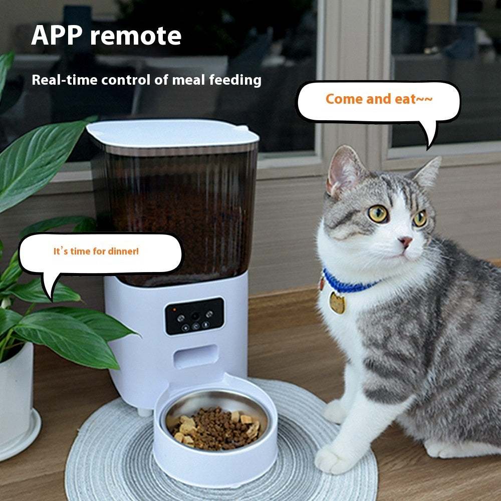Automatic 5L pet feeder with visual feeding manager for dogs and cats, white and dark brown design, compact size.