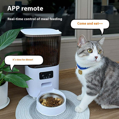 Automatic 5L pet feeder with visual feeding manager for dogs and cats, white and dark brown design, compact size.