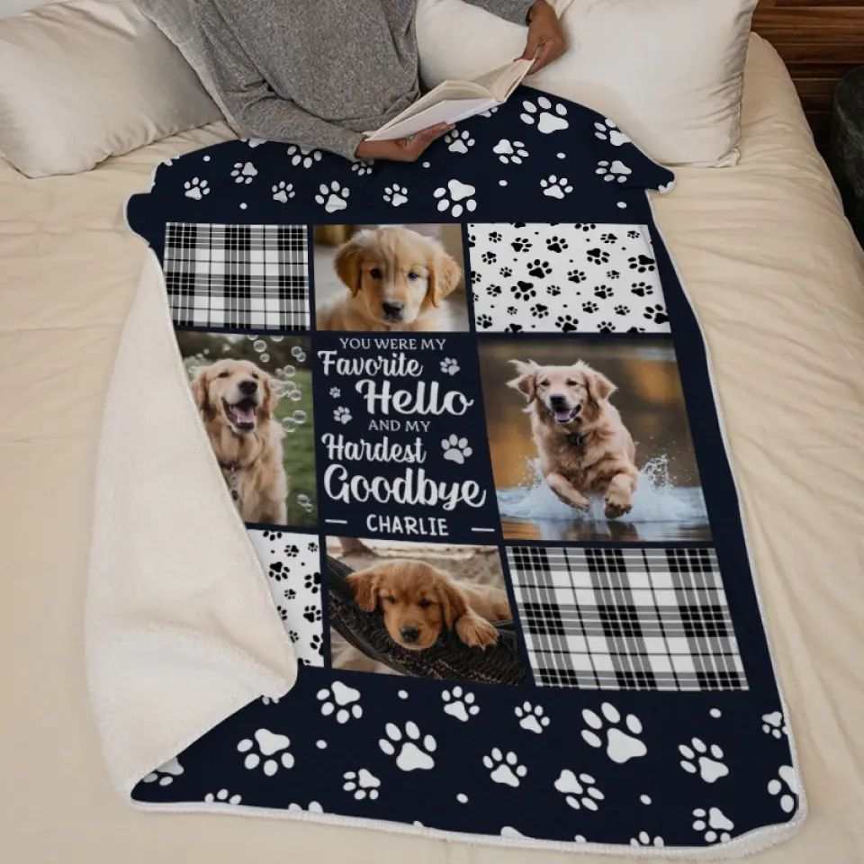 Pet dog blanket with paw prints and photo collage design, super soft flannel fabric for any season