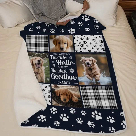 Pet dog blanket with paw prints and photo collage design, super soft flannel fabric for any season