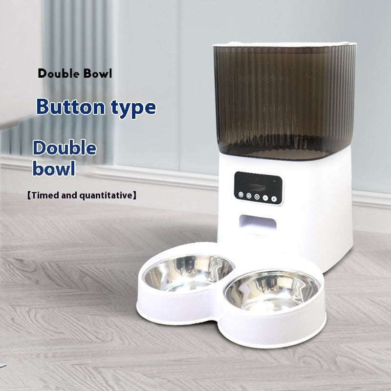 Automatic 5L pet feeder with visual feeding manager for dogs and cats, white and dark brown design, compact size.