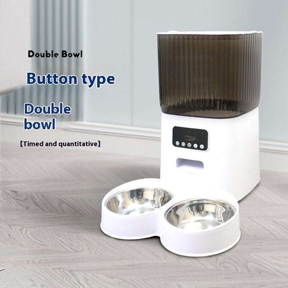 Automatic 5L pet feeder with visual feeding manager for dogs and cats, white and dark brown design, compact size.