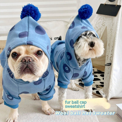 Pet Clothes Hooded Sweater Two dogs wearing blue hooded sweaters with pom-pom caps and dot patterns pet clothes hooded sweater