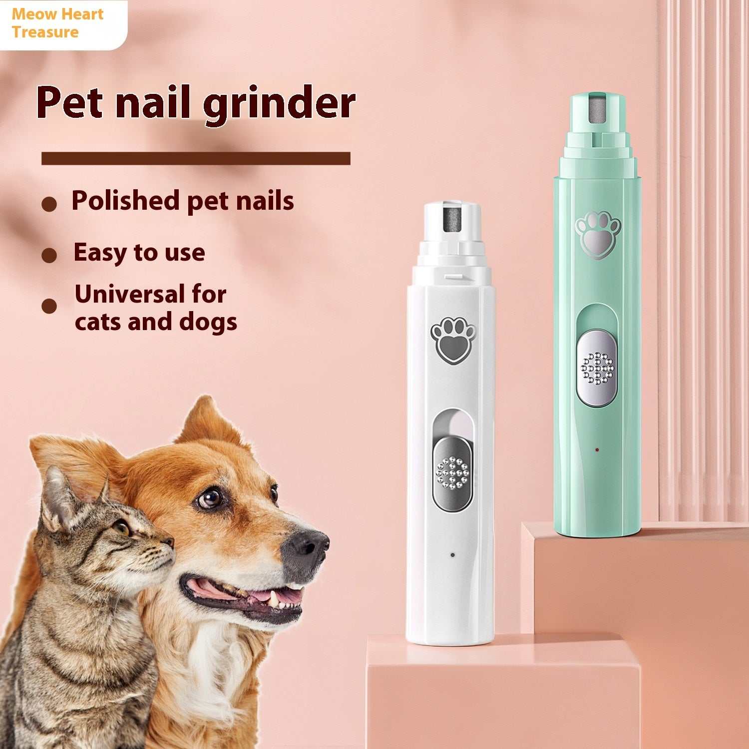 USB rechargeable pet nail trimmer in white and green for cats and dogs with paw print design