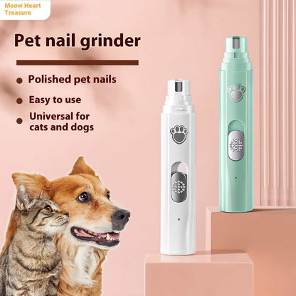 USB rechargeable pet nail trimmer in white and green for cats and dogs with paw print design