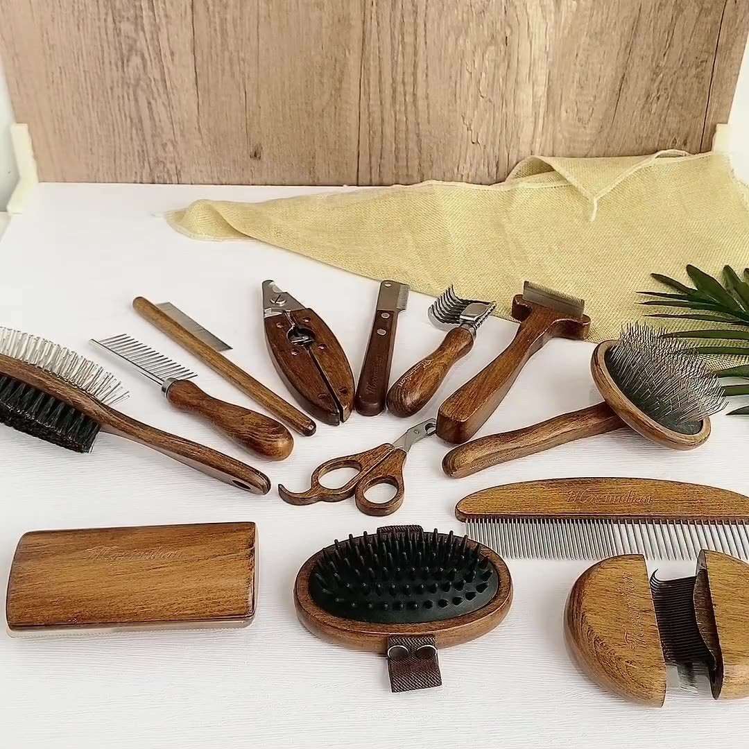 Pet Comb Solid Wood Set of solid wood pet grooming tools including combs, brushes, scissors, and nail clippers for cats and dogs
