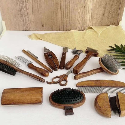 Pet Comb Solid Wood Set of solid wood pet grooming tools including combs, brushes, scissors, and nail clippers for cats and dogs