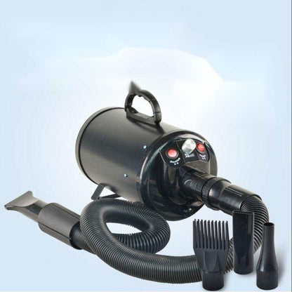 Black pet hair dryer with hose and multiple nozzle attachments for dog grooming