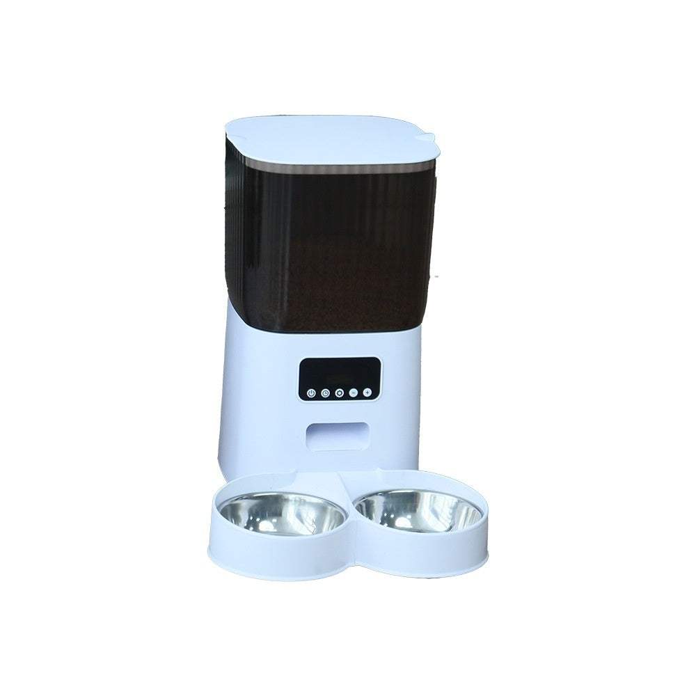 Automatic 5L pet feeder with visual feeding manager for dogs and cats, white and dark brown design, compact size.