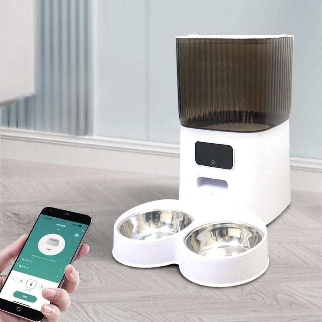 5L automatic pet feeder with smartphone Wi-Fi control and dual feeding bowls for cats and dogs
